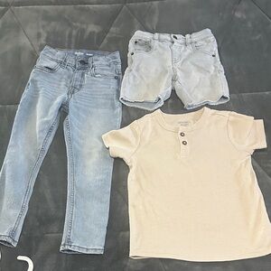 Kids Denim Jeans, Shorts, and Beige Shirt Set